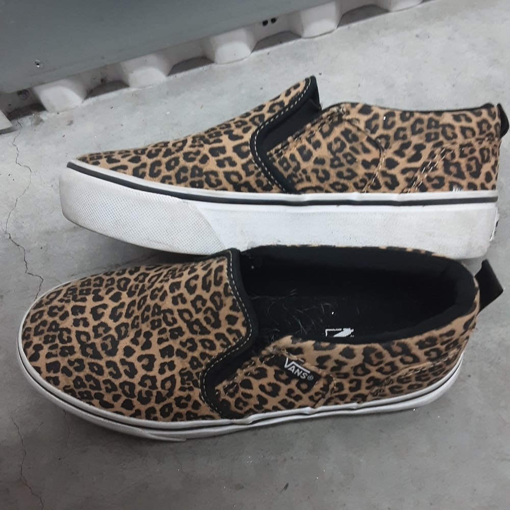 Vans Kids Asher Platform Leopard Print Canvas Slip On Sneakers Size 3